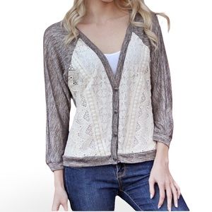 Spoiled Cream and Taupe Lace-Front Cardigan